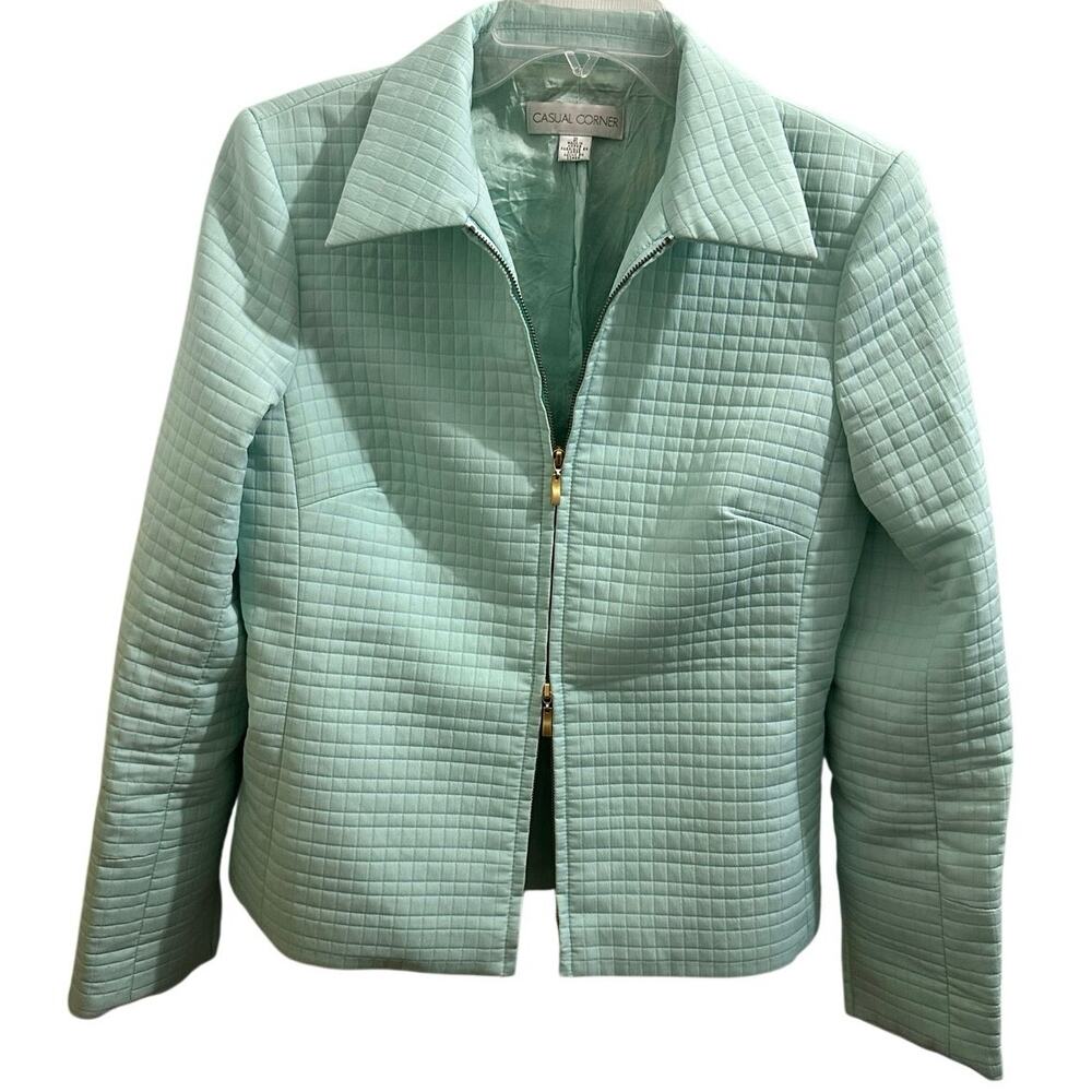 Casual Corner Mint Blue Aqua 2-Way Zipper Quilted Blazer Jacket Size 2 XS Zipup.